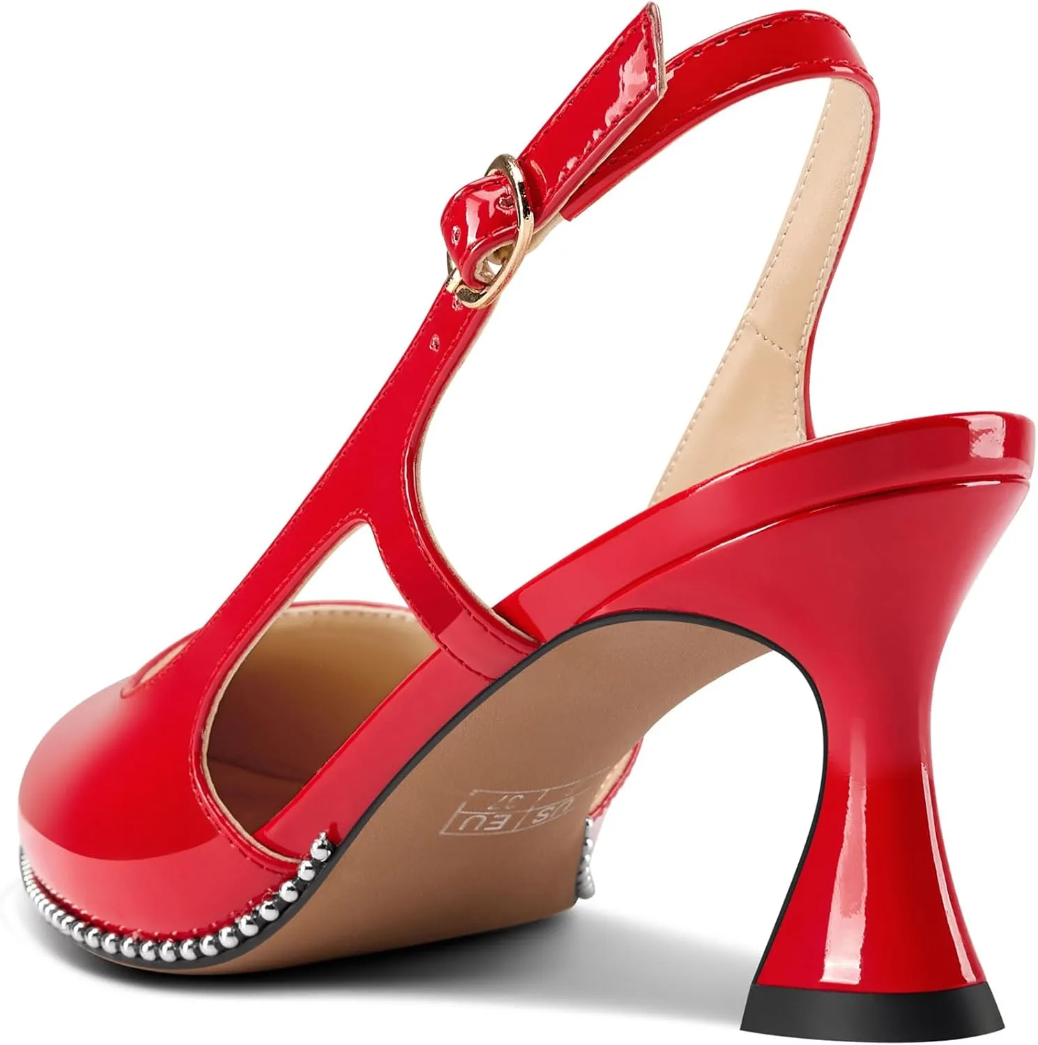 TNYNFBEB Womens Kitten Heel Pointed Toe Pumps Sliver Beaded Slingback Slip-on Buckle Prom Dress Basic Classic Patent Leather Summer 2.6 Inches Heels