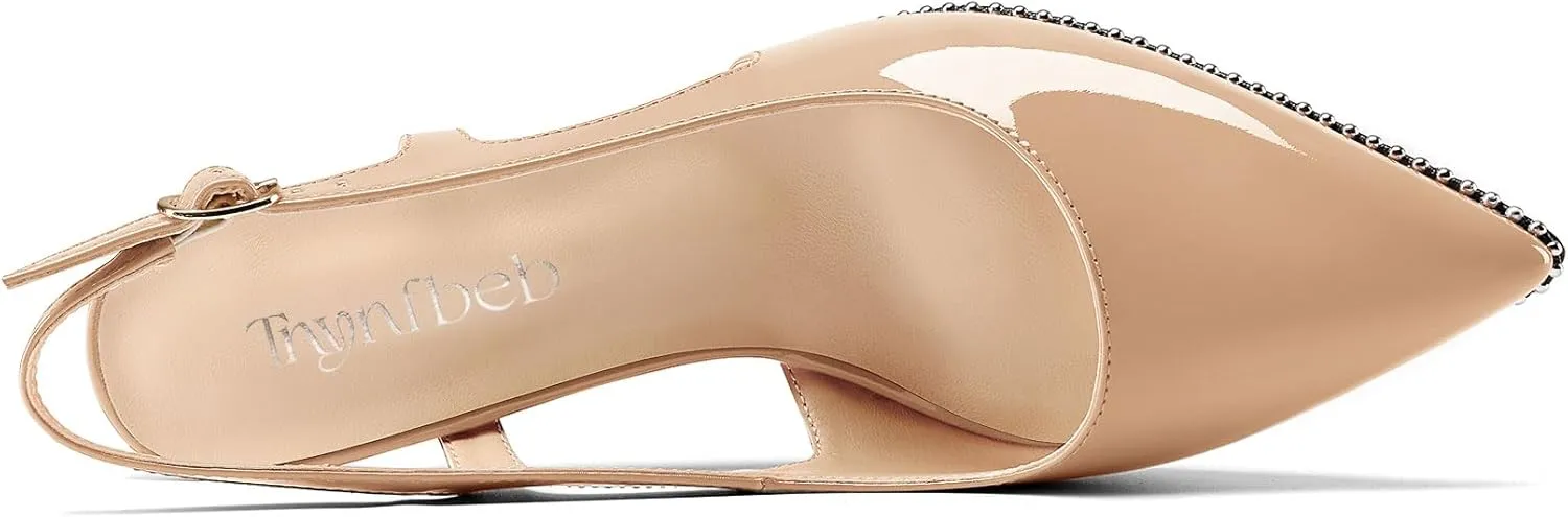 TNYNFBEB Womens Kitten Heel Pointed Toe Pumps Sliver Beaded Slingback Slip-on Buckle Prom Dress Basic Classic Patent Leather Summer 2.6 Inches Heels