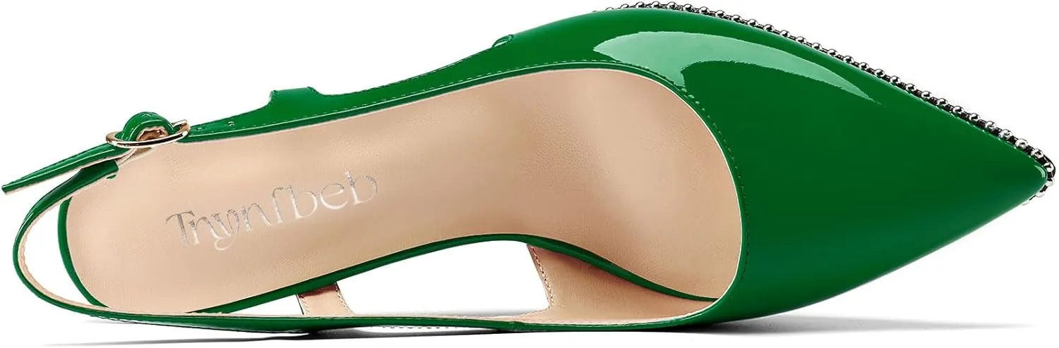 TNYNFBEB Womens Kitten Heel Pointed Toe Pumps Sliver Beaded Slingback Slip-on Buckle Prom Dress Basic Classic Patent Leather Summer 2.6 Inches Heels