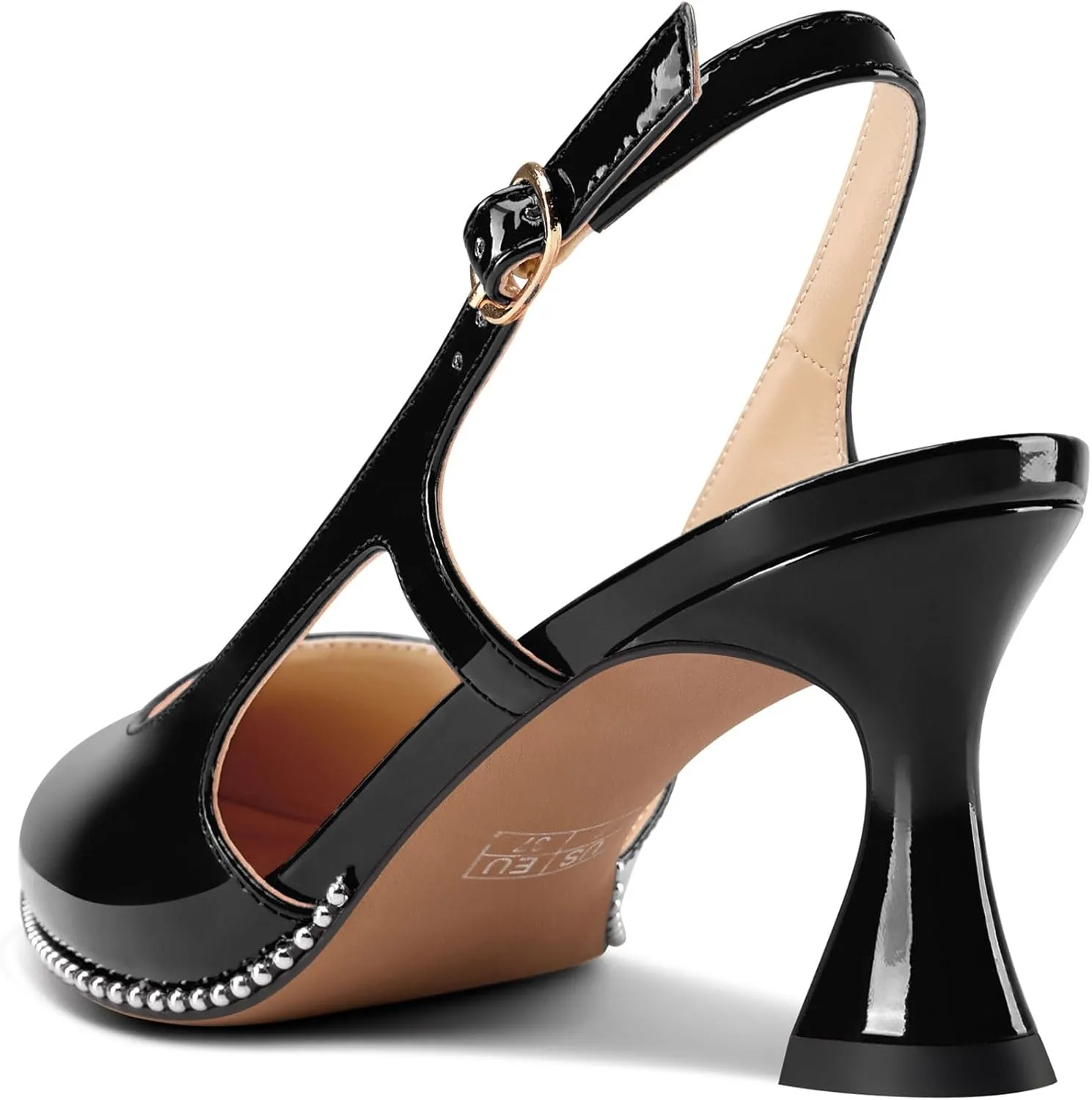TNYNFBEB Womens Kitten Heel Pointed Toe Pumps Sliver Beaded Slingback Slip-on Buckle Prom Dress Basic Classic Patent Leather Summer 2.6 Inches Heels