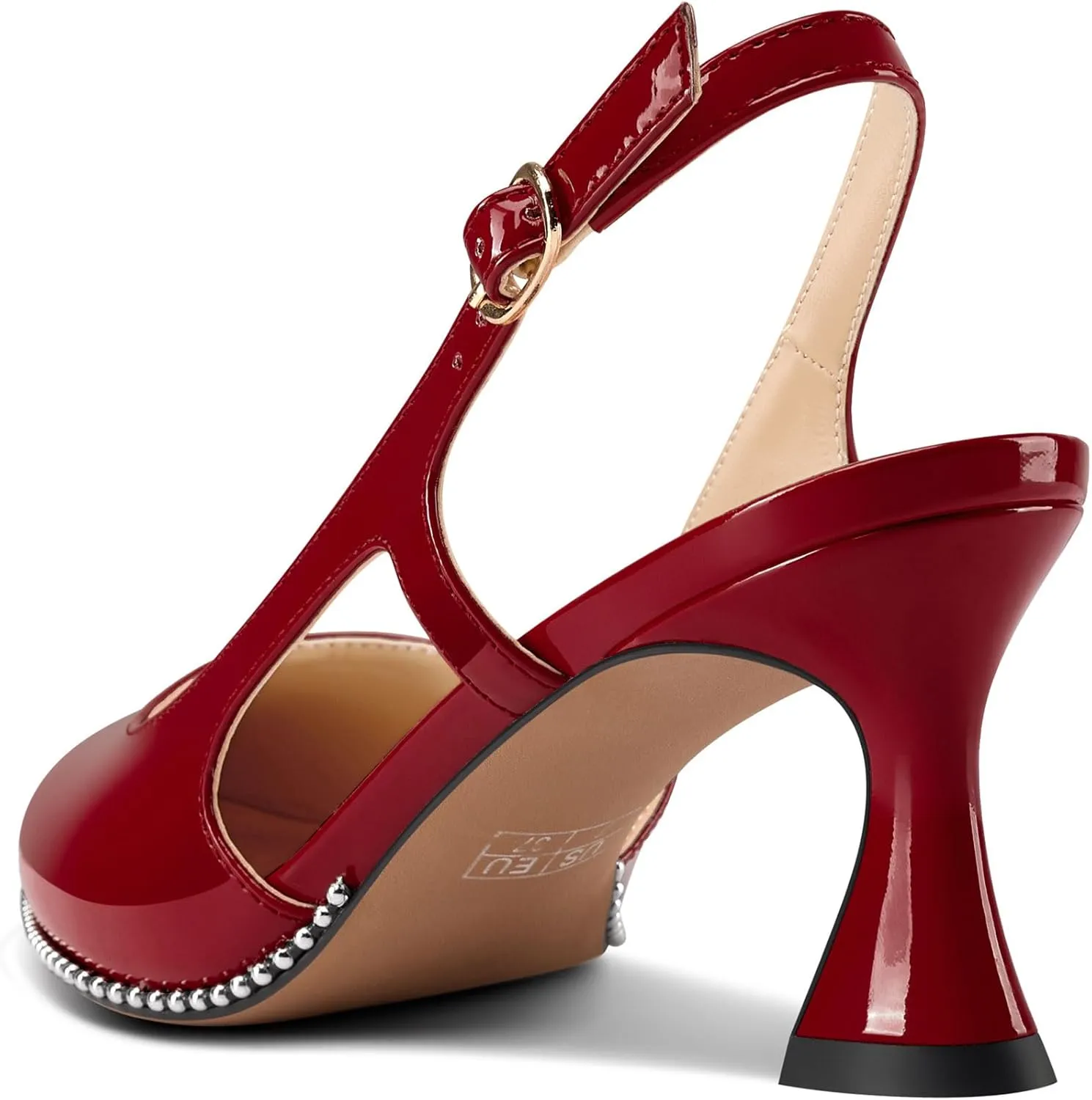 TNYNFBEB Womens Kitten Heel Pointed Toe Pumps Sliver Beaded Slingback Slip-on Buckle Prom Dress Basic Classic Patent Leather Summer 2.6 Inches Heels