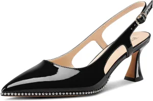TNYNFBEB Womens Kitten Heel Pointed Toe Pumps Sliver Beaded Slingback Slip-on Buckle Prom Dress Basic Classic Patent Leather Summer 2.6 Inches Heels