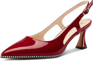 TNYNFBEB Womens Kitten Heel Pointed Toe Pumps Sliver Beaded Slingback Slip-on Buckle Prom Dress Basic Classic Patent Leather Summer 2.6 Inches Heels