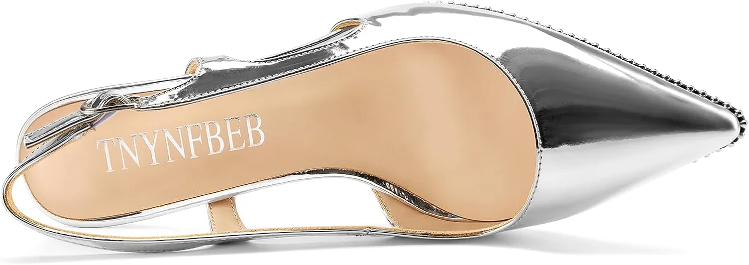 TNYNFBEB Womens Kitten Heel Pointed Toe Pumps Sliver Beaded Slingback Slip-on Buckle Prom Dress Basic Classic Patent Leather Summer 2.6 Inches Heels