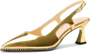 TNYNFBEB Womens Kitten Heel Pointed Toe Pumps Sliver Beaded Slingback Slip-on Buckle Prom Dress Basic Classic Patent Leather Summer 2.6 Inches Heels