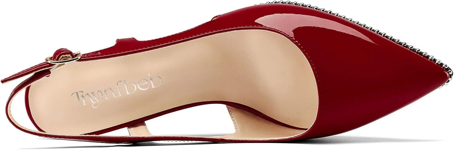 TNYNFBEB Womens Kitten Heel Pointed Toe Pumps Sliver Beaded Slingback Slip-on Buckle Prom Dress Basic Classic Patent Leather Summer 2.6 Inches Heels