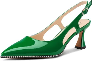 TNYNFBEB Womens Kitten Heel Pointed Toe Pumps Sliver Beaded Slingback Slip-on Buckle Prom Dress Basic Classic Patent Leather Summer 2.6 Inches Heels