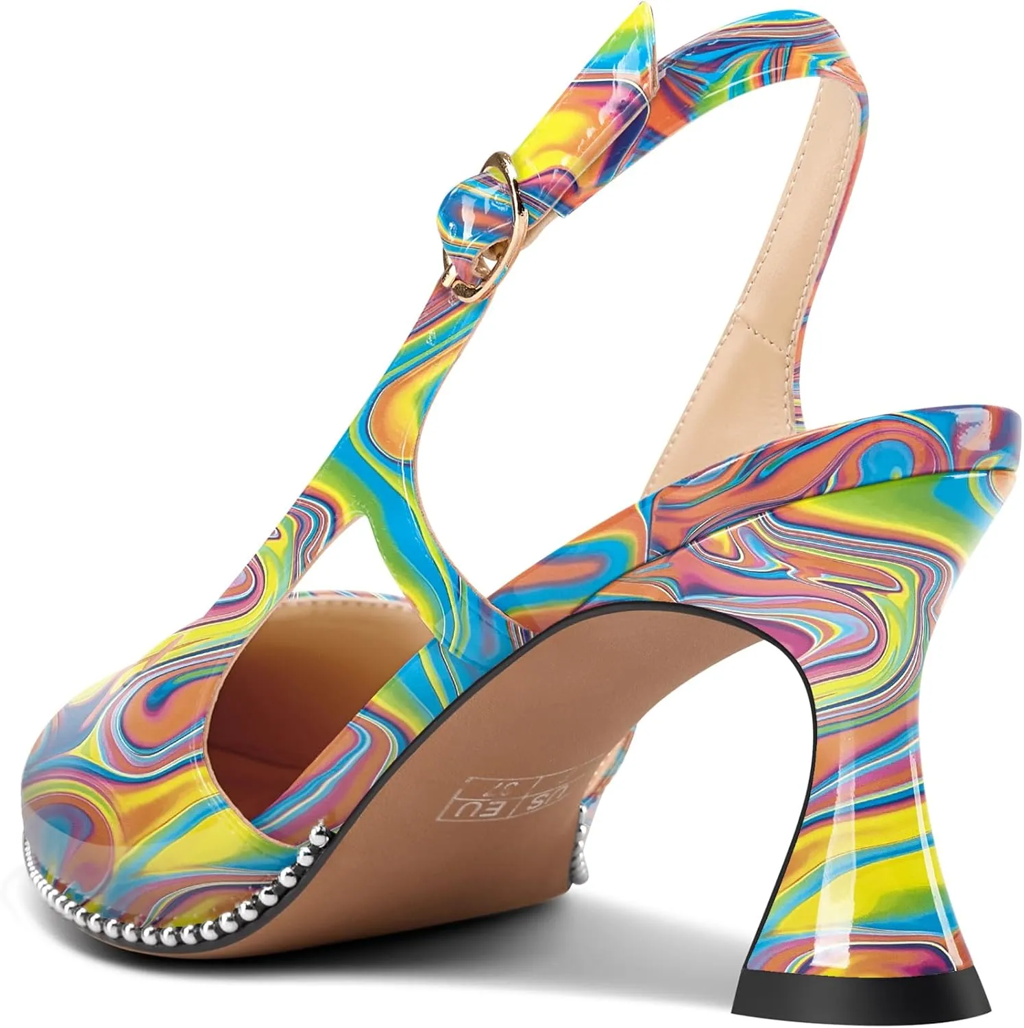 TNYNFBEB Womens Kitten Heel Pointed Toe Pumps Sliver Beaded Slingback Slip-on Buckle Prom Dress Basic Classic Patent Leather Summer 2.6 Inches Heels