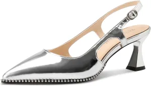 TNYNFBEB Womens Kitten Heel Pointed Toe Pumps Sliver Beaded Slingback Slip-on Buckle Prom Dress Basic Classic Patent Leather Summer 2.6 Inches Heels
