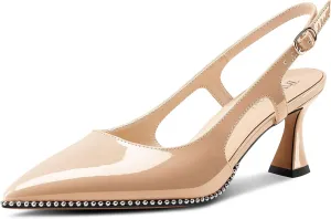 TNYNFBEB Womens Kitten Heel Pointed Toe Pumps Sliver Beaded Slingback Slip-on Buckle Prom Dress Basic Classic Patent Leather Summer 2.6 Inches Heels