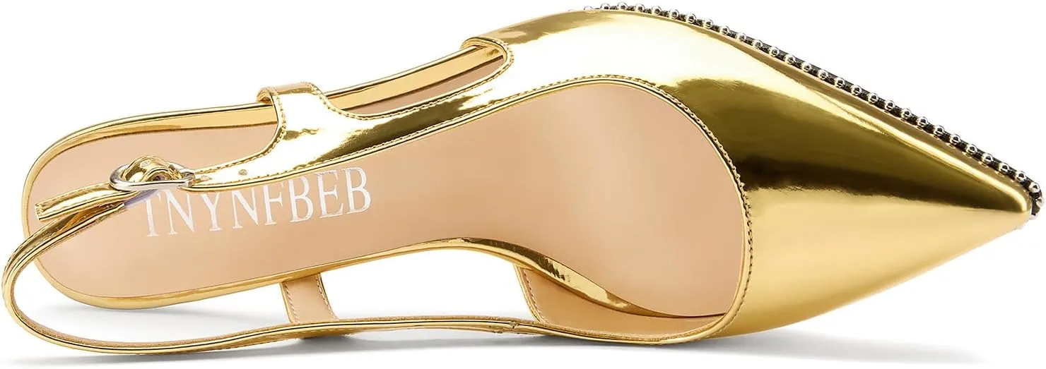 TNYNFBEB Womens Kitten Heel Pointed Toe Pumps Sliver Beaded Slingback Slip-on Buckle Prom Dress Basic Classic Patent Leather Summer 2.6 Inches Heels