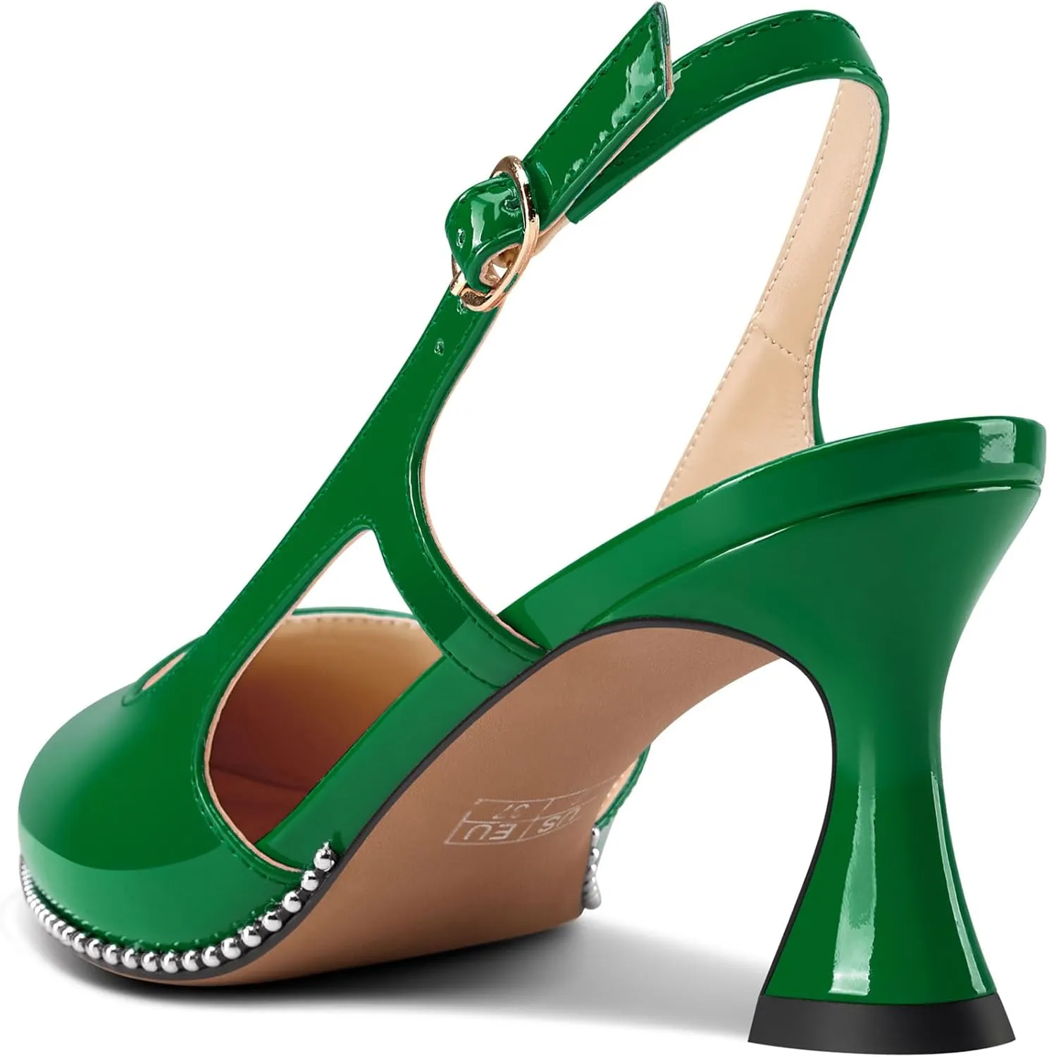 TNYNFBEB Womens Kitten Heel Pointed Toe Pumps Sliver Beaded Slingback Slip-on Buckle Prom Dress Basic Classic Patent Leather Summer 2.6 Inches Heels