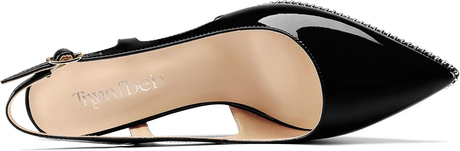 TNYNFBEB Womens Kitten Heel Pointed Toe Pumps Sliver Beaded Slingback Slip-on Buckle Prom Dress Basic Classic Patent Leather Summer 2.6 Inches Heels
