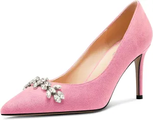 TNYNFBEB Womens Mid Heel Pointed Toe Pumps Slip-on Rhinestone Crystal Prom Wedding Summer Basic Classic Cute 3.2 Inches Heels