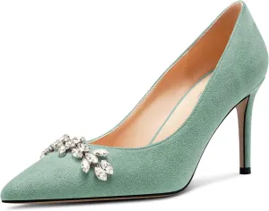 TNYNFBEB Womens Mid Heel Pointed Toe Pumps Slip-on Rhinestone Crystal Prom Wedding Summer Basic Classic Cute 3.2 Inches Heels