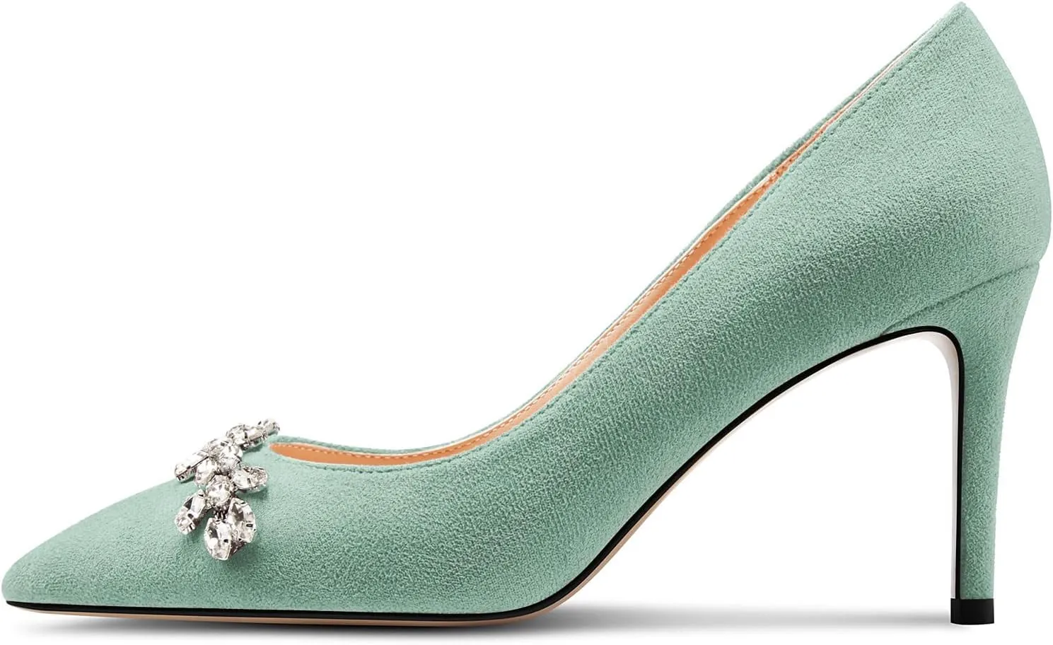TNYNFBEB Womens Mid Heel Pointed Toe Pumps Slip-on Rhinestone Crystal Prom Wedding Summer Basic Classic Cute 3.2 Inches Heels