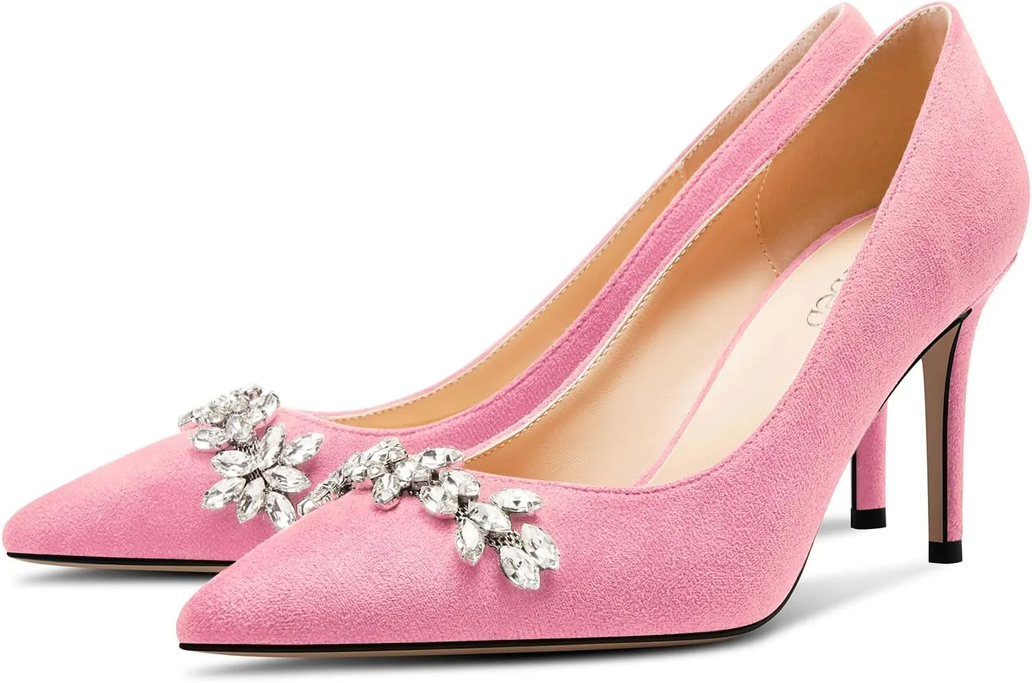 TNYNFBEB Womens Mid Heel Pointed Toe Pumps Slip-on Rhinestone Crystal Prom Wedding Summer Basic Classic Cute 3.2 Inches Heels
