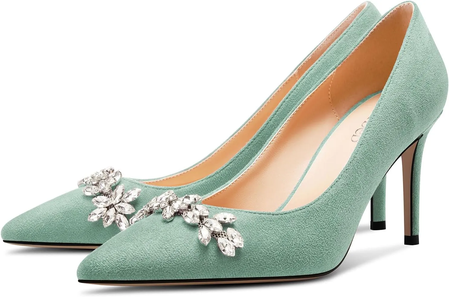 TNYNFBEB Womens Mid Heel Pointed Toe Pumps Slip-on Rhinestone Crystal Prom Wedding Summer Basic Classic Cute 3.2 Inches Heels