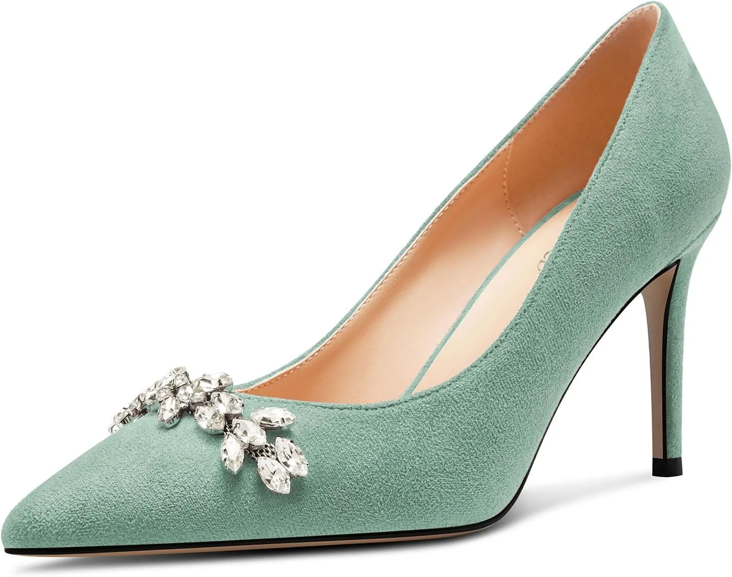 TNYNFBEB Womens Mid Heel Pointed Toe Pumps Slip-on Rhinestone Crystal Prom Wedding Summer Basic Classic Cute 3.2 Inches Heels