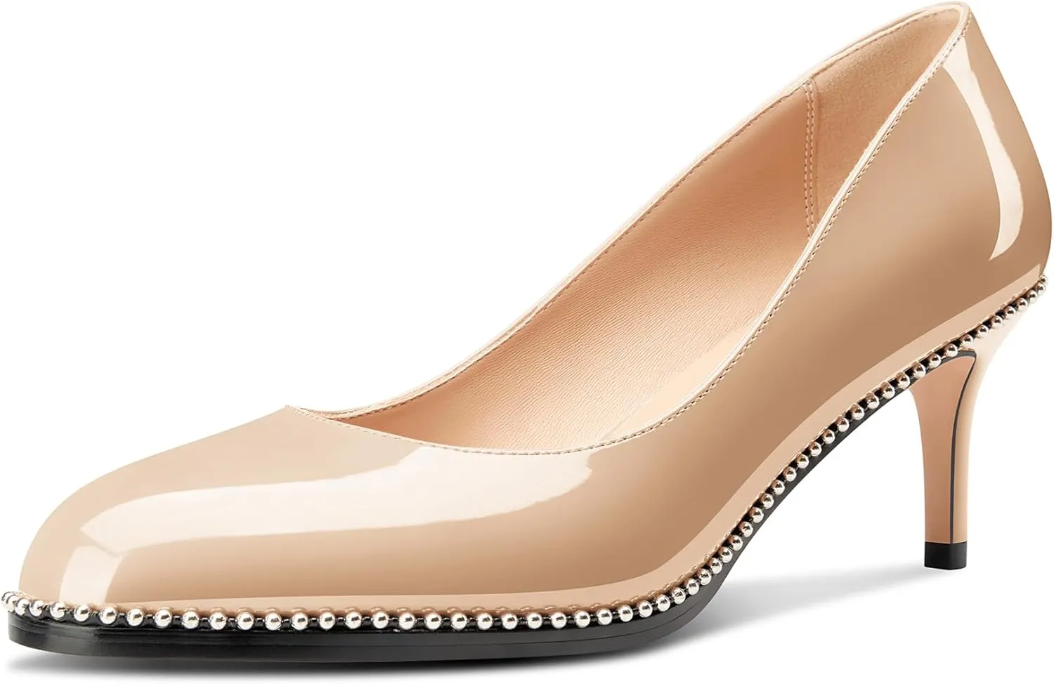 TNYNFBEB Womens Mid Heel Round Toe Pumps Slip-on Silver Beaded Prom Dress Basic Classic Patent Leather 2.4 Inches Heels