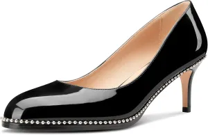 TNYNFBEB Womens Mid Heel Round Toe Pumps Slip-on Silver Beaded Prom Dress Basic Classic Patent Leather 2.4 Inches Heels
