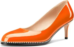 TNYNFBEB Womens Mid Heel Round Toe Pumps Slip-on Silver Beaded Prom Dress Basic Classic Patent Leather 2.4 Inches Heels
