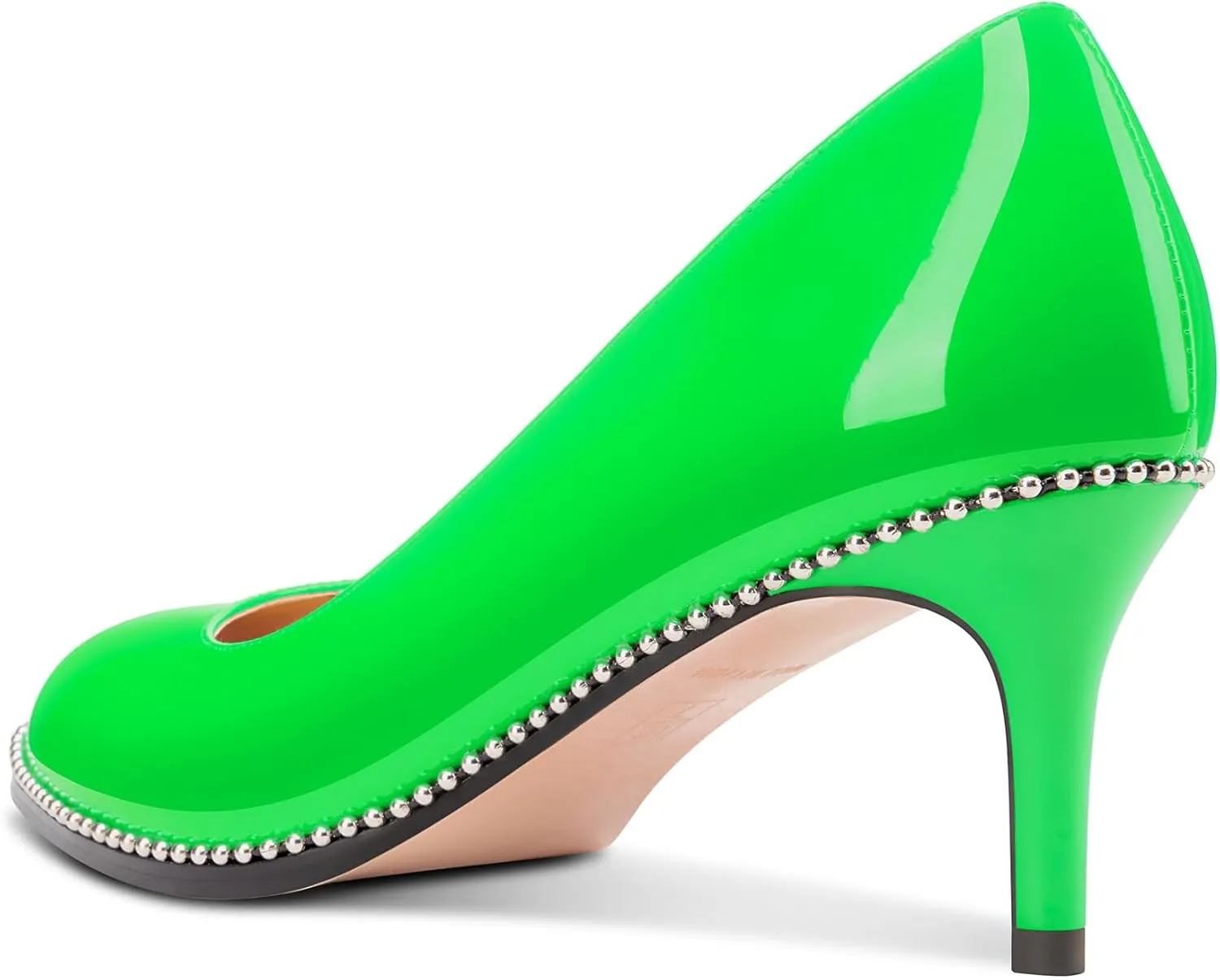 TNYNFBEB Womens Mid Heel Round Toe Pumps Slip-on Silver Beaded Prom Dress Basic Classic Patent Leather 2.4 Inches Heels