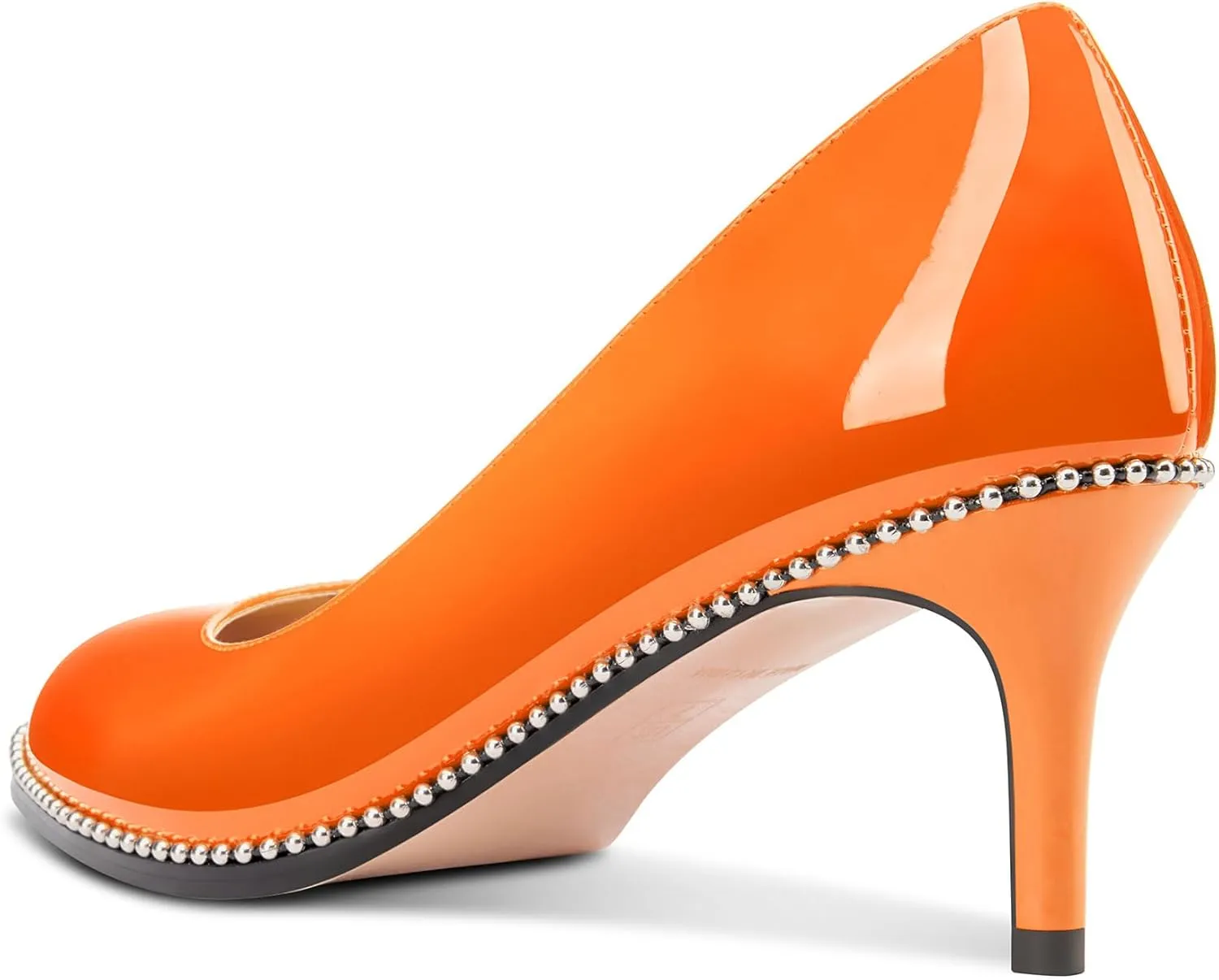 TNYNFBEB Womens Mid Heel Round Toe Pumps Slip-on Silver Beaded Prom Dress Basic Classic Patent Leather 2.4 Inches Heels