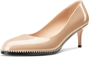 TNYNFBEB Womens Mid Heel Round Toe Pumps Slip-on Silver Beaded Prom Dress Basic Classic Patent Leather 2.4 Inches Heels