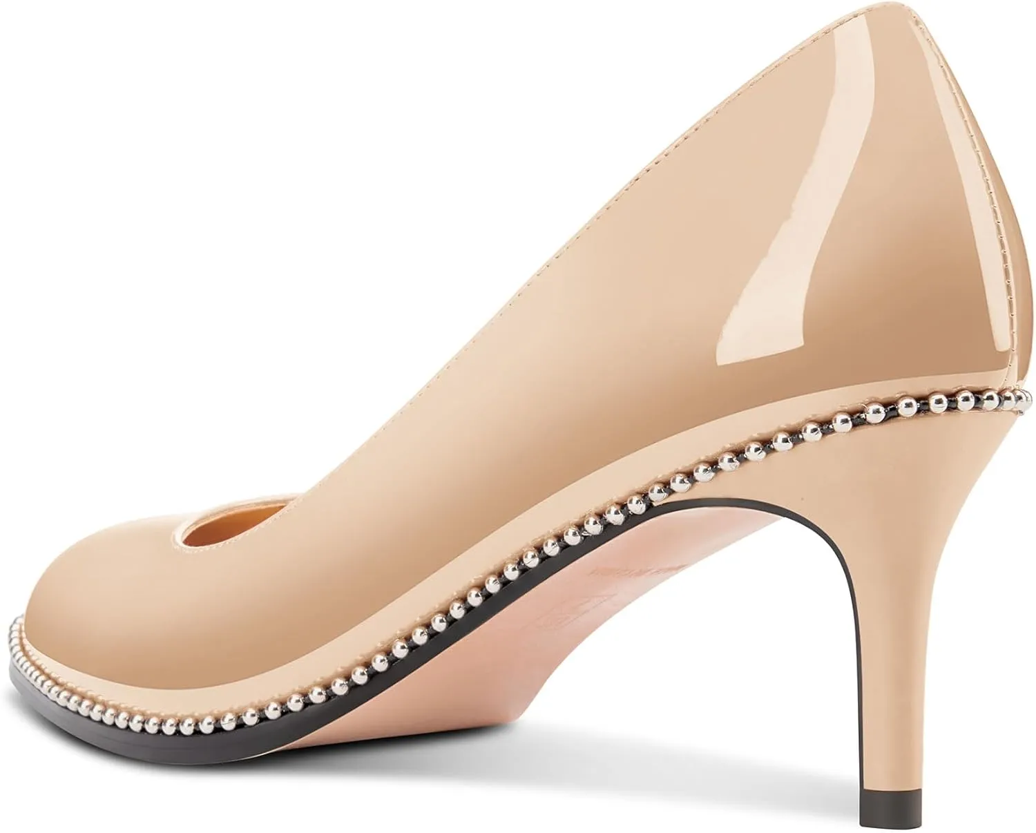 TNYNFBEB Womens Mid Heel Round Toe Pumps Slip-on Silver Beaded Prom Dress Basic Classic Patent Leather 2.4 Inches Heels