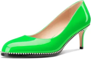 TNYNFBEB Womens Mid Heel Round Toe Pumps Slip-on Silver Beaded Prom Dress Basic Classic Patent Leather 2.4 Inches Heels