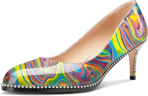 TNYNFBEB Womens Mid Heel Round Toe Pumps Slip-on Silver Beaded Prom Dress Basic Classic Patent Leather 2.4 Inches Heels