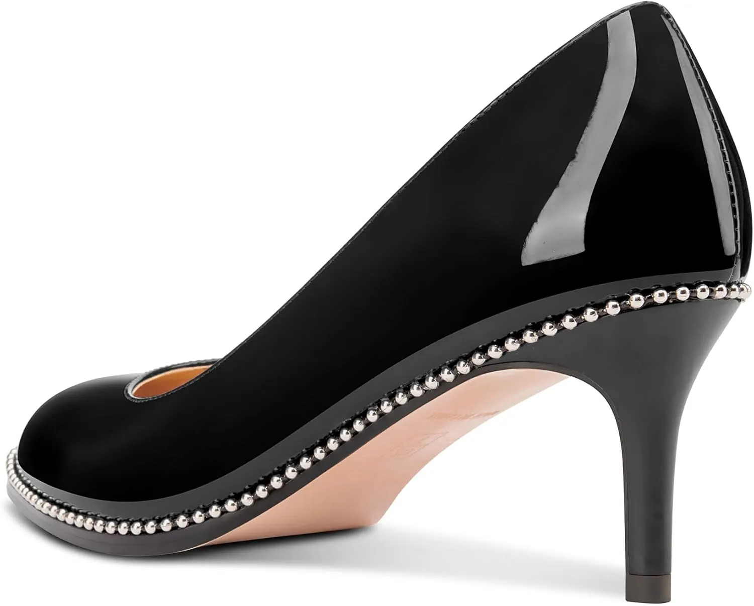 TNYNFBEB Womens Mid Heel Round Toe Pumps Slip-on Silver Beaded Prom Dress Basic Classic Patent Leather 2.4 Inches Heels