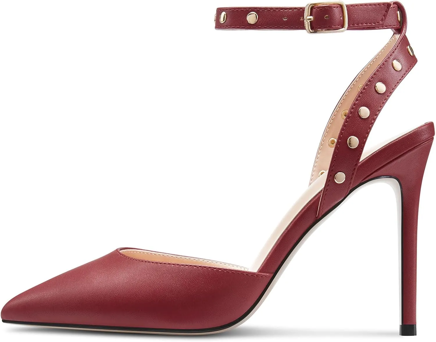 TNYNFBEB Womens Stiletto High Heel Pointed Toe Pumps Ankle Strap Slingback Buckle Studded Rivets Party Basic Classic Summer 3.9 Inches Heels