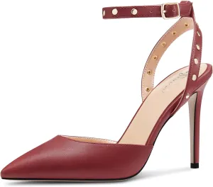 TNYNFBEB Womens Stiletto High Heel Pointed Toe Pumps Ankle Strap Slingback Buckle Studded Rivets Party Basic Classic Summer 3.9 Inches Heels