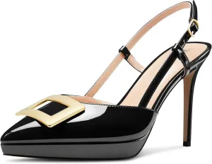 TNYNFBEB Womens Stiletto High Platform Heel Pointed Toe Pumps Slingback Slip-on Buckle Party Basic Classic 3.9 Inches Heels