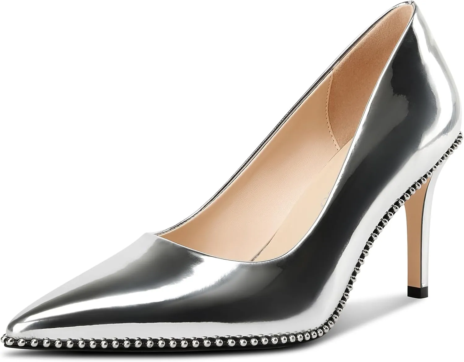 TNYNFBEB Womens Stiletto Mid Heel Pointed Toe Pumps Slip-on Sliver Beaded Prom Wedding Dress Basic Classic Patent Leather 3.5 Inches Heels