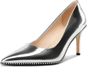 TNYNFBEB Womens Stiletto Mid Heel Pointed Toe Pumps Slip-on Sliver Beaded Prom Wedding Dress Basic Classic Patent Leather 3.5 Inches Heels