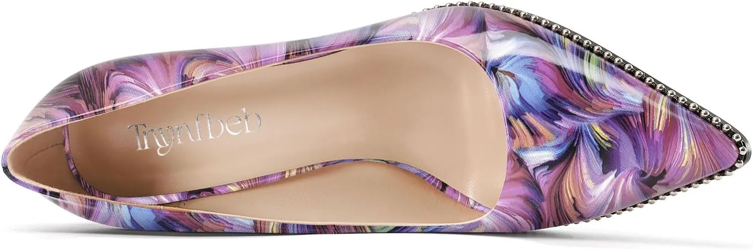 TNYNFBEB Womens Stiletto Mid Heel Pointed Toe Pumps Slip-on Sliver Beaded Prom Wedding Dress Basic Classic Patent Leather 3.5 Inches Heels