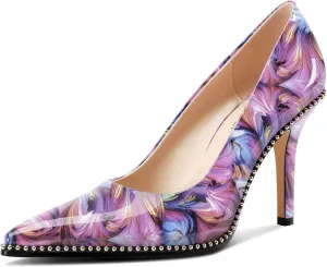 TNYNFBEB Womens Stiletto Mid Heel Pointed Toe Pumps Slip-on Sliver Beaded Prom Wedding Dress Basic Classic Patent Leather 3.5 Inches Heels