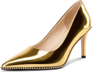TNYNFBEB Womens Stiletto Mid Heel Pointed Toe Pumps Slip-on Sliver Beaded Prom Wedding Dress Basic Classic Patent Leather 3.5 Inches Heels