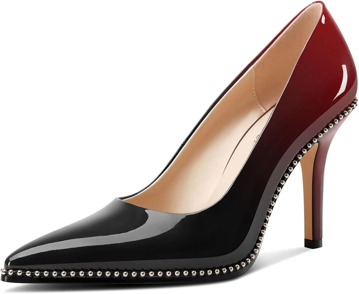 TNYNFBEB Womens Stiletto Mid Heel Pointed Toe Pumps Slip-on Sliver Beaded Prom Wedding Dress Basic Classic Patent Leather 3.5 Inches Heels