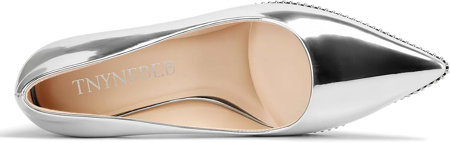 TNYNFBEB Womens Stiletto Mid Heel Pointed Toe Pumps Slip-on Sliver Beaded Prom Wedding Dress Basic Classic Patent Leather 3.5 Inches Heels