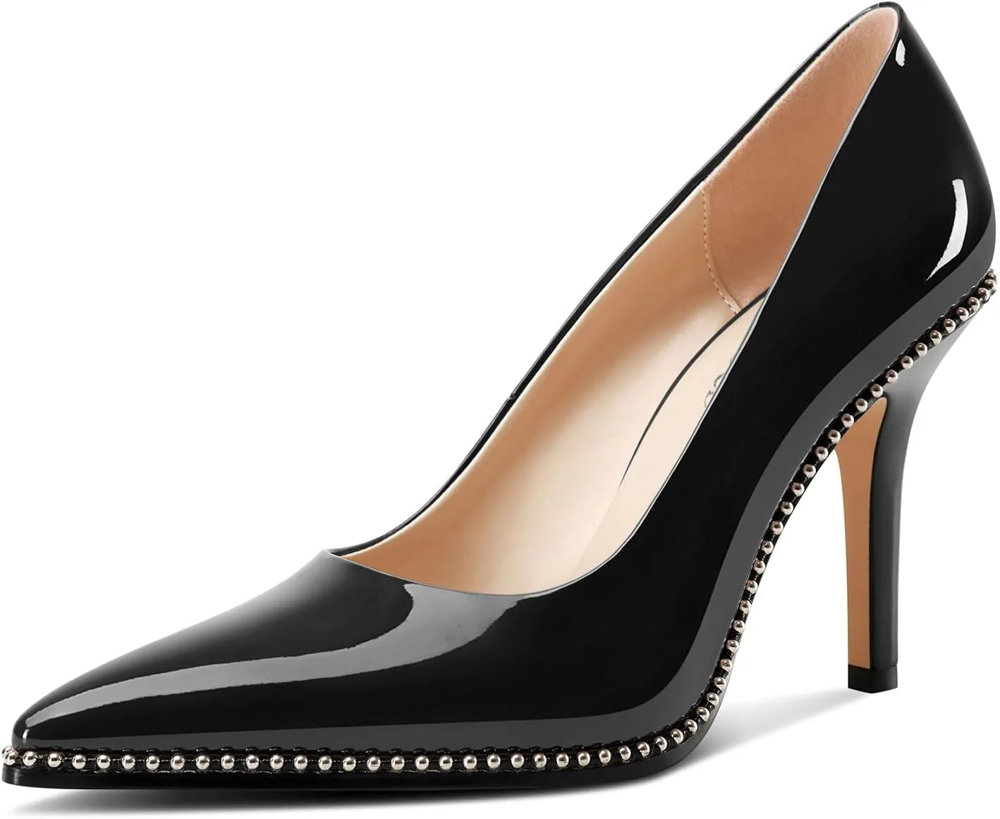 TNYNFBEB Womens Stiletto Mid Heel Pointed Toe Pumps Slip-on Sliver Beaded Prom Wedding Dress Basic Classic Patent Leather 3.5 Inches Heels