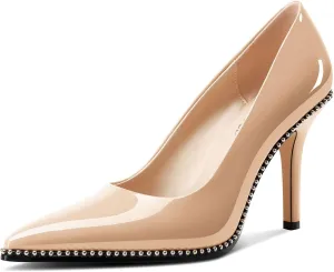 TNYNFBEB Womens Stiletto Mid Heel Pointed Toe Pumps Slip-on Sliver Beaded Prom Wedding Dress Basic Classic Patent Leather 3.5 Inches Heels