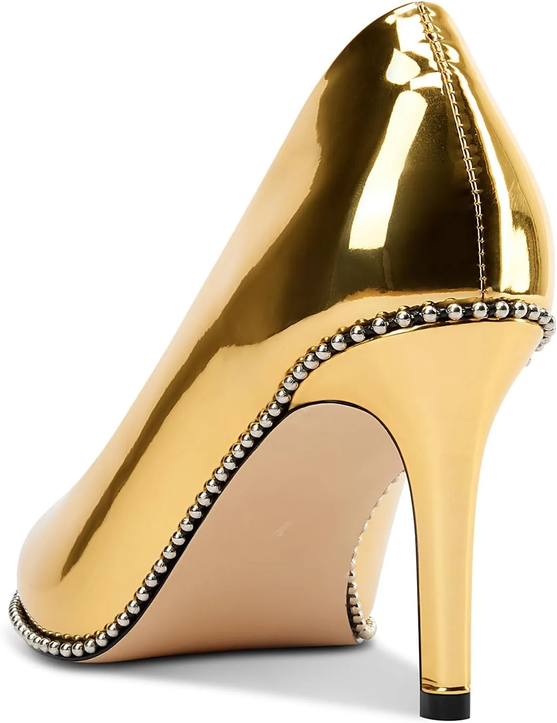 TNYNFBEB Womens Stiletto Mid Heel Pointed Toe Pumps Slip-on Sliver Beaded Prom Wedding Dress Basic Classic Patent Leather 3.5 Inches Heels