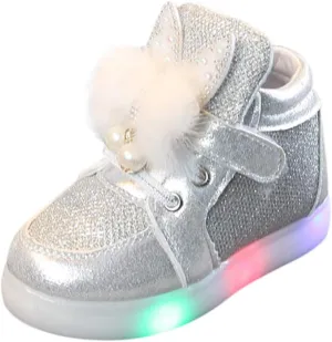Toddler Girl's Light Up Sequins Lace Up Baby Glitter Shoes Flashing LED Casual Princess Party Shoes Flat (Silver-06#, 2-2.5Years)