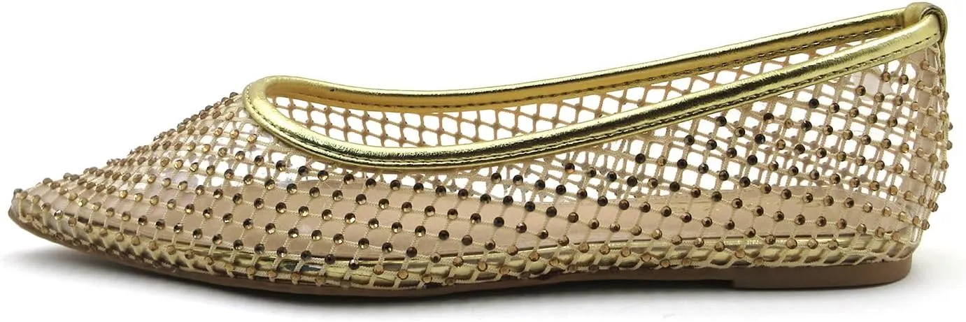 Transparent PVC Pointed Flats with Diamond Mesh: Luxe Ankle Strap Design for Comfort and Style All Year Round