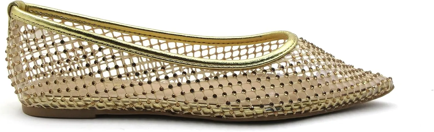Transparent PVC Pointed Flats with Diamond Mesh: Luxe Ankle Strap Design for Comfort and Style All Year Round