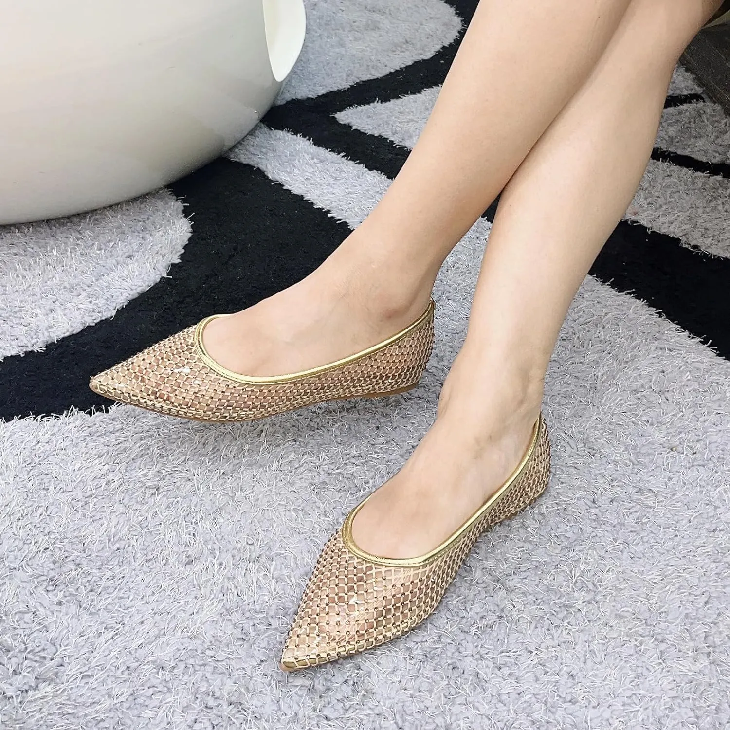 Transparent PVC Pointed Flats with Diamond Mesh: Luxe Ankle Strap Design for Comfort and Style All Year Round